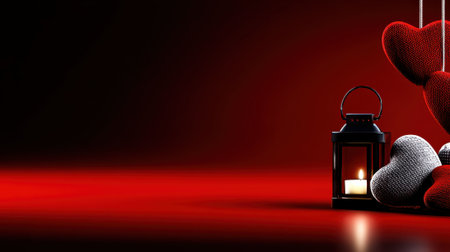 An intimate and romantic composition with a lit candle in a lantern and plush hearts, creating a warm glow against a deep red backdrop with copy space.の素材