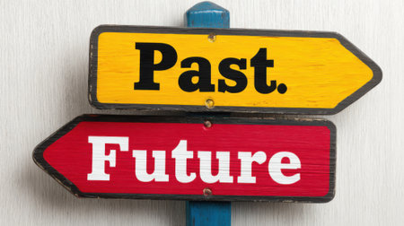 A signpost with arrows pointing to Past and Future, symbolizing choices, decisions, and the passage of time, set against a neutral background.の素材