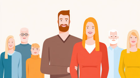 Illustration of a diverse group of people, men and women, smiling and looking at the camera, in a studio setting.の素材