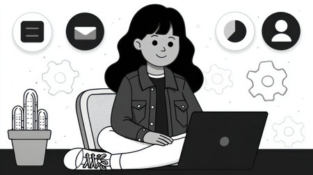 A grayscale illustration of a woman sitting cross-legged with a laptop, surrounded by icons and a cactus, representing work and technology.の素材