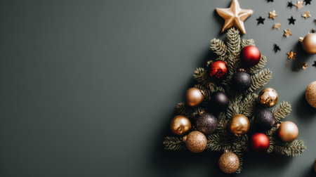 A creatively arranged Christmas tree made of ornaments and greenery against a dark backdrop, perfect for holiday themes.の素材