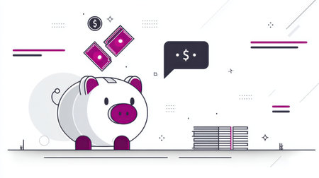 A cute piggy bank illustration with money falling in, symbolizing savings and financial growth, with a dollar sign speech bubble.の素材