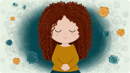 A cute cartoon illustration of a girl with voluminous curly brown hair. She has her eyes closed and a serene smile, suggesting mindfulness, peace, and contentment.の素材