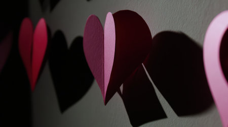 A string of paper hearts, casting shadows, symbolizes love and affection, perfect for Valentines Day or romantic occasions.の素材