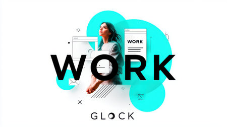 A contemporary design featuring a woman integrated into the word WORK with vibrant blue abstract shapes and geometric lines, set against a clean white background, symbolizing modern professional life.の素材