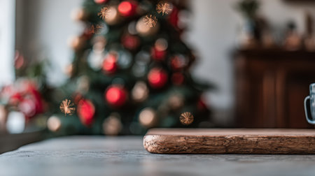 A blurred Christmas tree with red and gold ornaments provides a festive backdrop, complemented by a wooden surface in the foreground.の素材