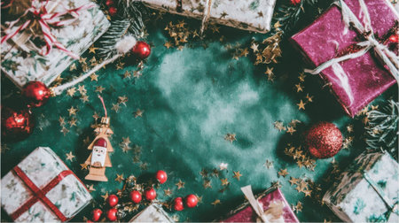 Top down view of a festive Christmas scene. Wrapped presents, red baubles, and ornaments create a frame on a dark green textured background with copy space.の素材