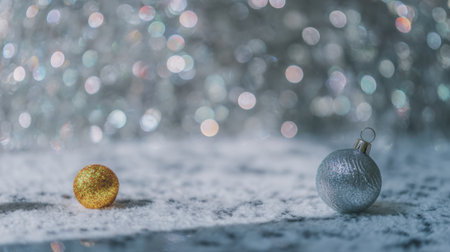 A close-up shot of two Christmas ornaments, one gold and one silver, resting on a snowy surface with a blurred bokeh background of lights.の素材