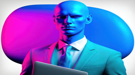 A striking image of a blue-skinned man in a business suit holding a laptop, set against a dynamic background of glowing pink and blue shapes, evoking a sense of advanced technology and digital presence.の素材