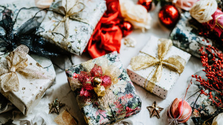 Top-down view of assorted holiday gift boxes decorated with elegant ribbons, bows, and festive ornaments, creating a cheerful and celebratory Christmas scene.の素材