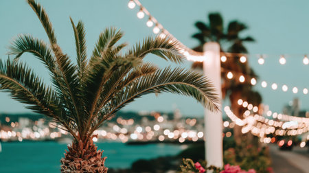 A vibrant evening scene featuring lush palm trees in the foreground, illuminated by festive string lights. The background reveals a serene ocean with the soft glow of distant city lights, creating a tranquil and inviting atmosphere.の素材