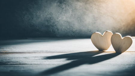 Two wooden hearts stand side-by-side, casting long shadows on a rustic wooden surface, illuminated by a soft, warm light against a dark, textured backdrop.の素材