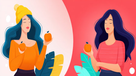 Digital illustration of two women, each holding an apple, set against contrasting color backgrounds, showcasing different artistic styles and color palettes.の素材