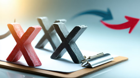 Three wooden X marks sit on a clipboard, with arrows indicating a shift or change in direction, suggesting a strategic pivot.の素材