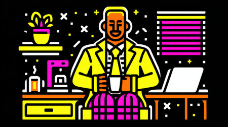 A stylized illustration of a man in a yellow suit, seated at a desk with coffee, surrounded by colorful office elements against a dark background.の素材