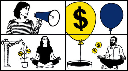 A creative illustration combining symbols of communication, financial growth, and mindfulness, representing a holistic approach to achieving success and well-being.の素材