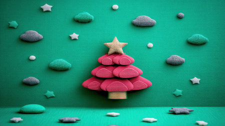 A charming, minimalist Christmas tree made of pink felt or clay, topped with a golden star, set against a vibrant teal background. Scattered around are fluffy gray clouds and small white stars, creating a dreamy, festive atmosphere.の素材