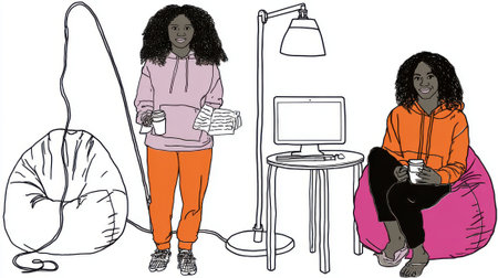 A detailed illustration of a young Black woman in two poses, one standing with coffee and a book, and another sitting on a beanbag, both depicting relaxation and comfort in a home setting.の素材
