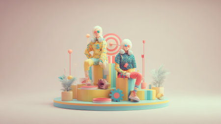 A whimsical 3D render featuring two stylized figures amidst a vibrant and colorful arrangement of objects and patterns, creating a playful and imaginative scene.の素材
