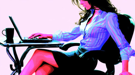 A woman is sitting at a desk, typing on a laptop. She is wearing a blue shirt and a black skirt. There is a coffee mug on the desk.の素材
