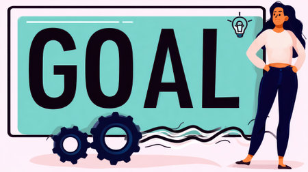 A woman stands confidently next to a large sign displaying the word GOAL, with gears and a lightbulb icon, symbolizing strategy and innovation in achieving objectives.の素材