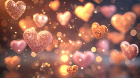 A dreamy bokeh background filled with floating hearts in warm hues, creating a romantic and loving atmosphere perfect for Valentines Day or expressing affection.の素材