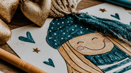 A charming hand-drawn coloring page featuring a girl in a winter hat and scarf, surrounded by hearts and stars, perfect for a cozy creative activity.の素材