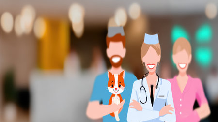 An illustration of a male veterinarian holding a cat, alongside a female doctor with a stethoscope, and another female medical professional, all smiling in a blurred clinic background.の素材