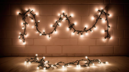 A beautiful garland of warm white Christmas lights is draped across a textured brick wall and extends onto the wooden floor, creating a cozy and festive ambiance.の素材