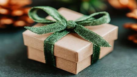 A close-up shot of a small, rustic kraft paper gift box adorned with a luxurious green velvet ribbon, perfect for any occasion.の素材