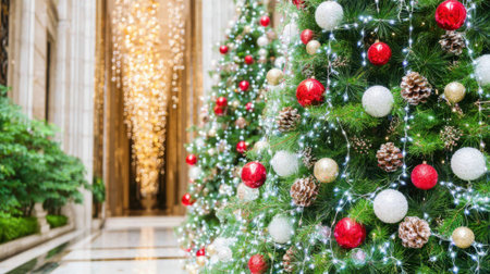 Festive Christmas trees adorned with sparkling lights, red and white baubles, and pinecones line a brightly lit, elegant hallway with a grand chandelier in the background.の素材