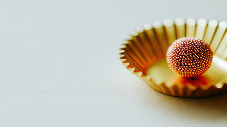 Macro shot of a single pink globe amaranth flower inside a shiny gold paper liner. Minimalist composition with soft light and ample copy space on a light gray background.の素材