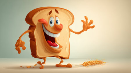 A charming cartoon bread slice with a big smile, waving hello, and a wheat stalk.の素材