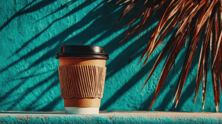 A single disposable coffee cup with a brown sleeve is placed on a textured surface, with dramatic shadows from palm fronds falling across the background.の素材