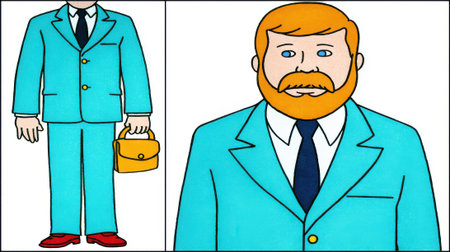 A simple cartoon drawing of a man with red hair and a beard wearing a light blue suit and tie. The image shows a full body view and a close-up portrait of the character.の素材