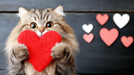 A cute, fluffy cat with big eyes holds a large red heart, surrounded by smaller hearts on a dark background.の素材