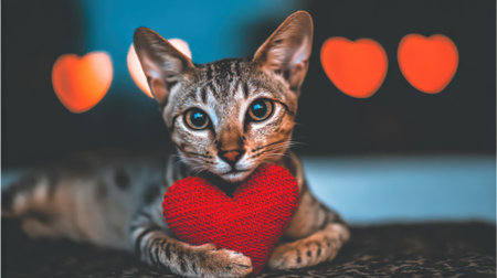 A cute tabby cat with big eyes, holding a plush red heart, with blurred heart-shaped bokeh lights in the background, creating a loving atmosphere.の素材