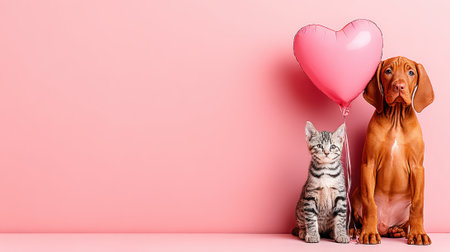 A cute Vizsla puppy and a tabby kitten sit side by side against a solid pink wall. A pink heart shaped balloon floats beside them, creating a sweet and loving scene with copy space.の素材