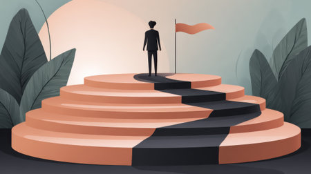 Vector illustration of a person reaching the final step of a career ladder. A metaphor for ambition, progress, leadership, personal growth, and achievement.の素材