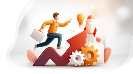 A cartoon businessman runs up an arrow, symbolizing growth, towards a rocket and gears, representing innovation and progress in a vibrant, stylized illustration.の素材