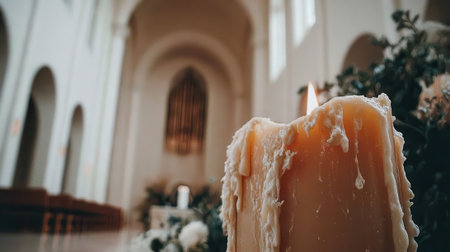 A large, melting candle burns brightly in the foreground of a church interior, with blurred pews and architecture in the background.の素材