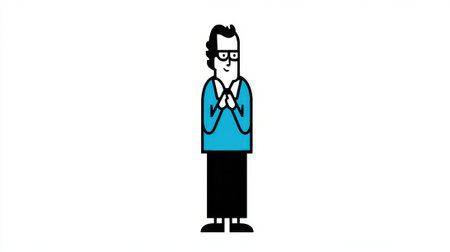 A cartoon illustration of a man wearing glasses and a blue sweater, standing with his hands clasped together.の素材