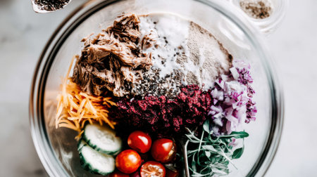 A vibrant salad bowl filled with shredded chicken, carrots, tomatoes, cucumbers, sprouts, and purple cabbage, topped with coconut flakes and seeds.の素材