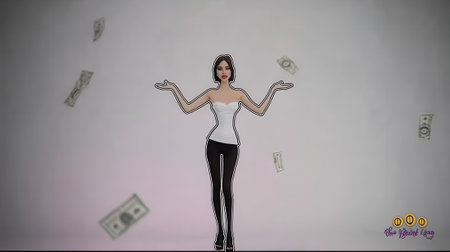 A cartoon woman stands with open hands as money floats around her, symbolizing wealth, success, and financial abundance in a stylized illustration.の素材
