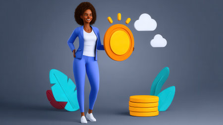 A 3D cartoon woman stands confidently, holding a large coin, symbolizing financial success and investment. The scene includes stylized plants and clouds, set against a neutral background.の素材