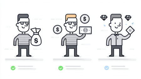 Three cartoon men represent financial growth, savings, and investment with symbols of money and diamonds.の素材