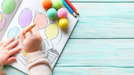 A child's hand is seen coloring a drawing of balloons with a pencil, surrounded by colorful pom poms and pencils on a light blue wooden surface.の素材