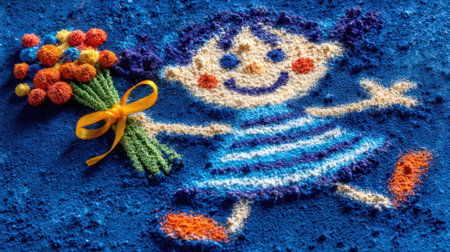 A cheerful, naive style artwork created with colorful yarn or thread on a blue textured background. The image shows a smiling girl holding a vibrant bouquet of flowers.の素材