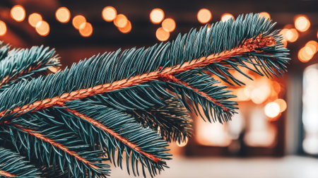A detailed close-up shot of a Christmas tree branch, showcasing its needles and texture, with blurred lights creating a festive backdrop.の素材