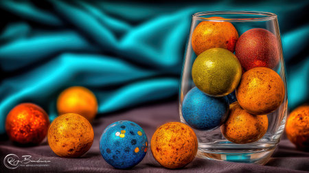 A vibrant still life featuring an assortment of colorful marbles, some inside a clear glass and others scattered around, set against a rich blue fabric backdrop.の素材